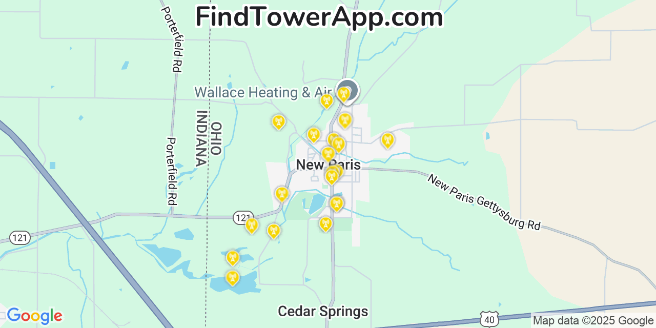 Map showing the 20 primary cell tower locations detected in New Paris, Ohio from AT&T, Verizon, and T-Mobile networks