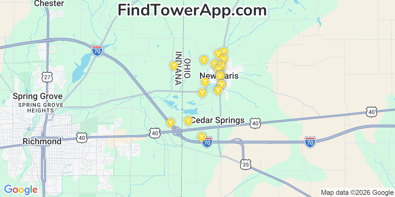 Map showing the 20 primary cell tower locations detected in New Paris, Ohio from AT&T, Verizon, and T-Mobile networks