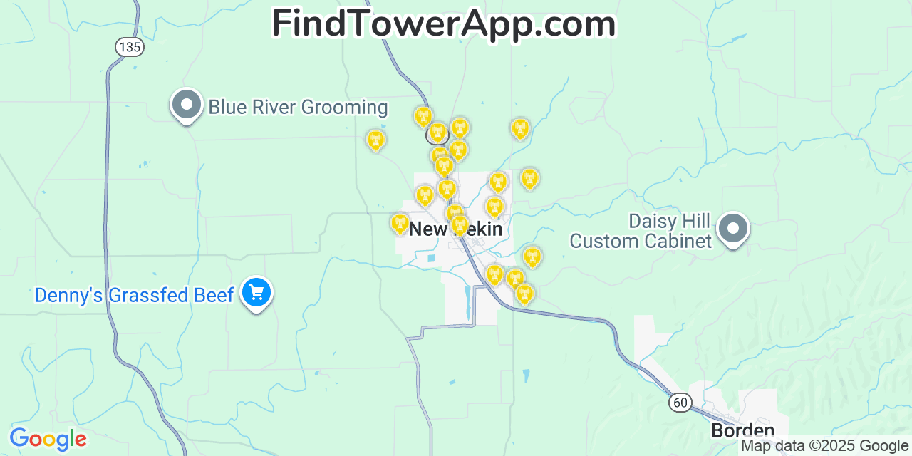 Map showing the 20 primary cell tower locations detected in New Pekin, Indiana from AT&T, Verizon, and T-Mobile networks