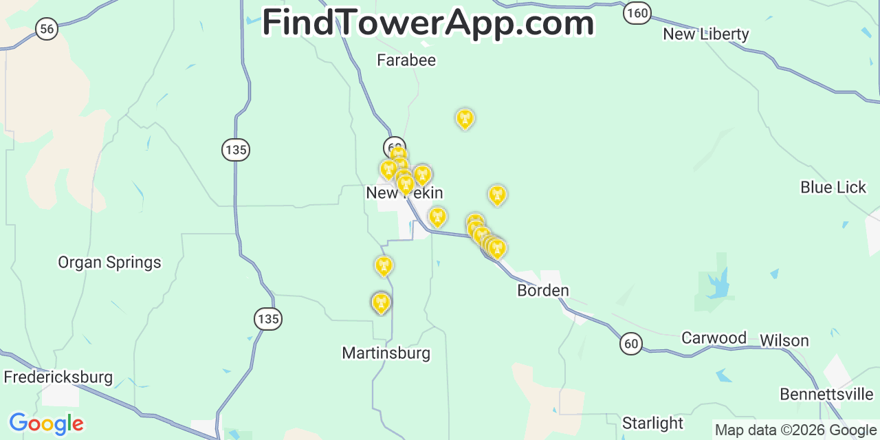 Map showing the 20 primary cell tower locations detected in New Pekin, Indiana from AT&T, Verizon, and T-Mobile networks