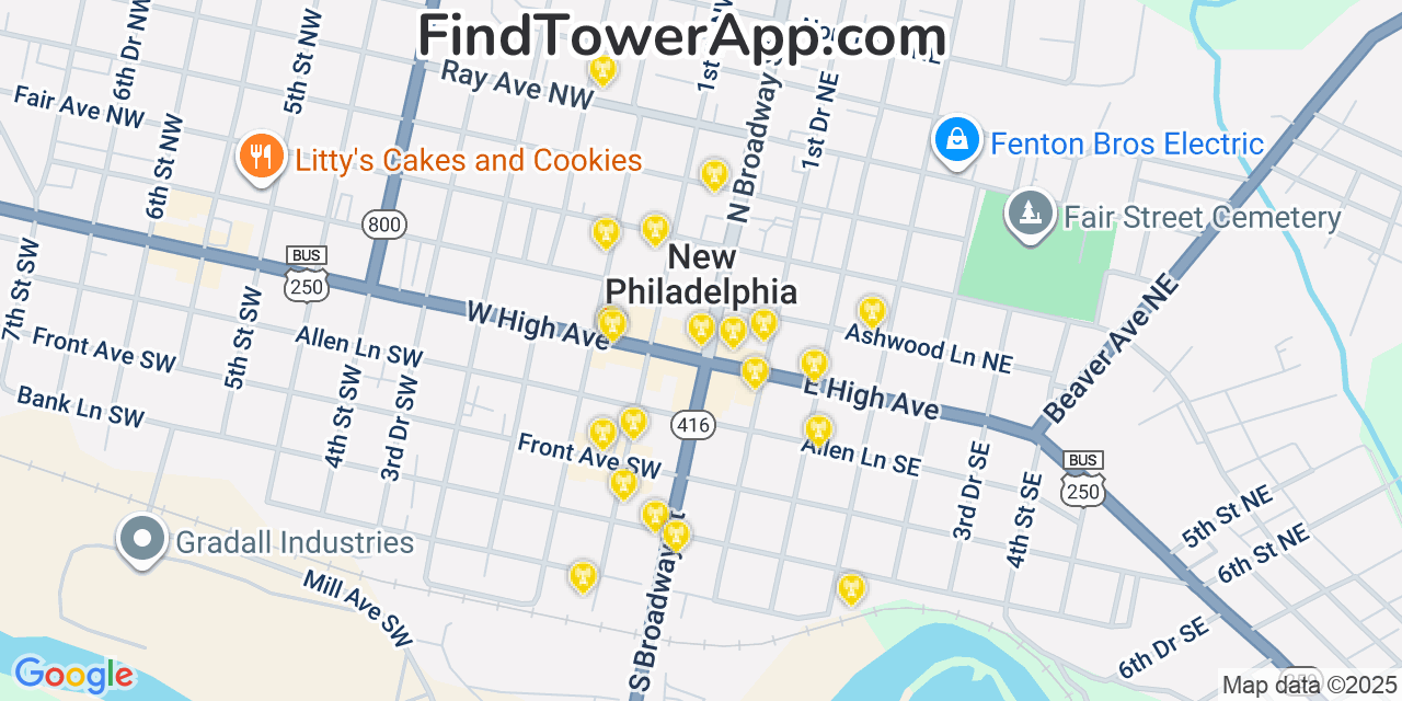 Map showing the 20 primary cell tower locations detected in New Philadelphia, Ohio from AT&T, Verizon, and T-Mobile networks