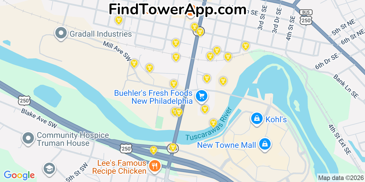 Map showing the 20 primary cell tower locations detected in New Philadelphia, Ohio from AT&T, Verizon, and T-Mobile networks