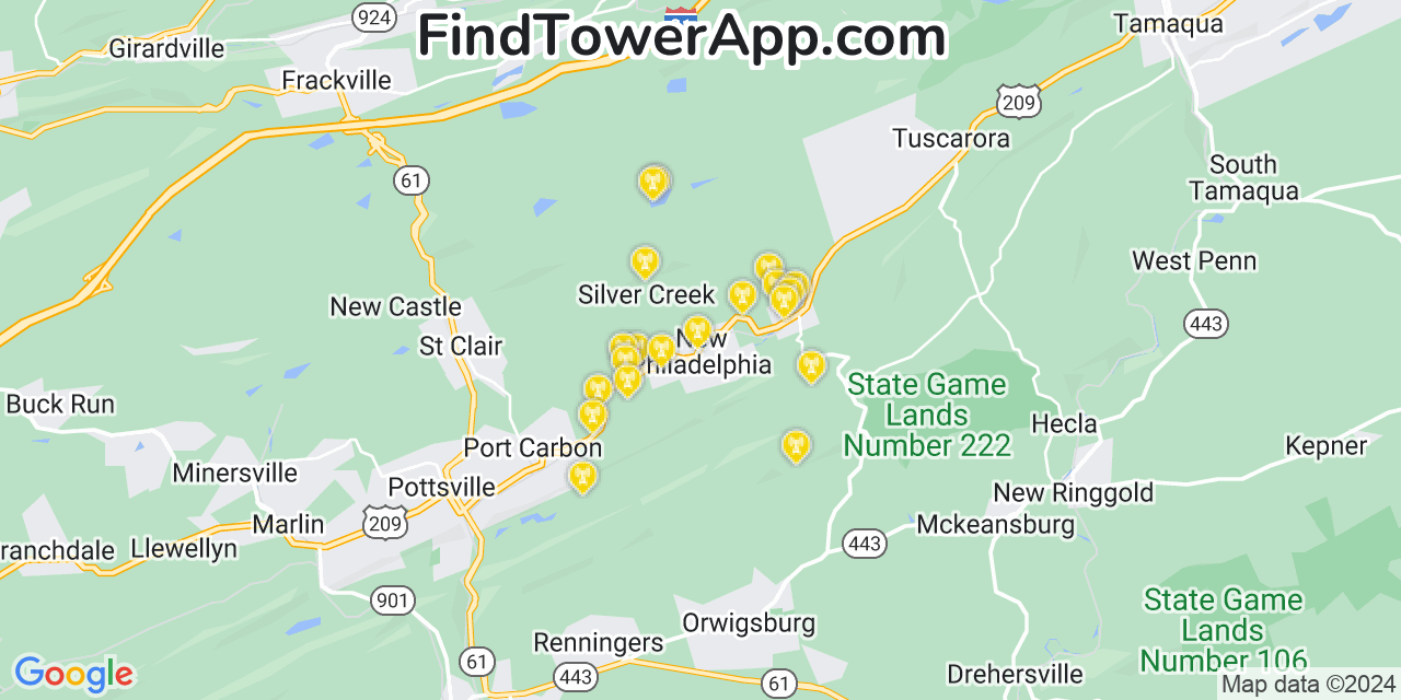 AT&T 4G/5G cell tower coverage map New Philadelphia, Pennsylvania