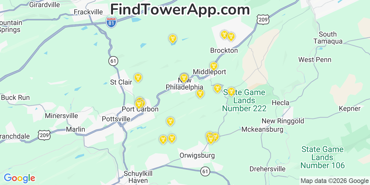 Map showing the 20 primary cell tower locations detected in New Philadelphia, Pennsylvania from AT&T, Verizon, and T-Mobile networks