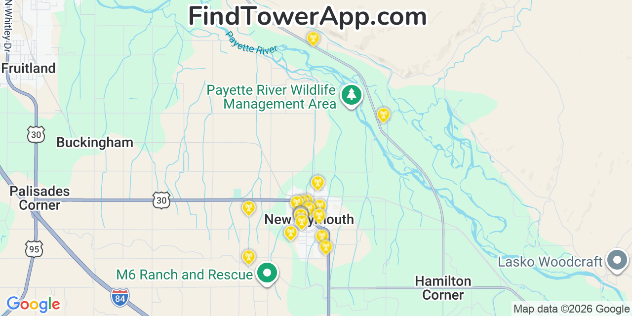 Map showing the 20 primary cell tower locations detected in New Plymouth, Idaho from AT&T, Verizon, and T-Mobile networks