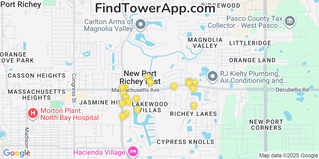 Map showing the 20 primary cell tower locations detected in New Port Richey East, Florida from AT&T, Verizon, and T-Mobile networks