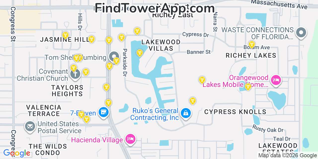 Map showing the 20 primary cell tower locations detected in New Port Richey East, Florida from AT&T, Verizon, and T-Mobile networks