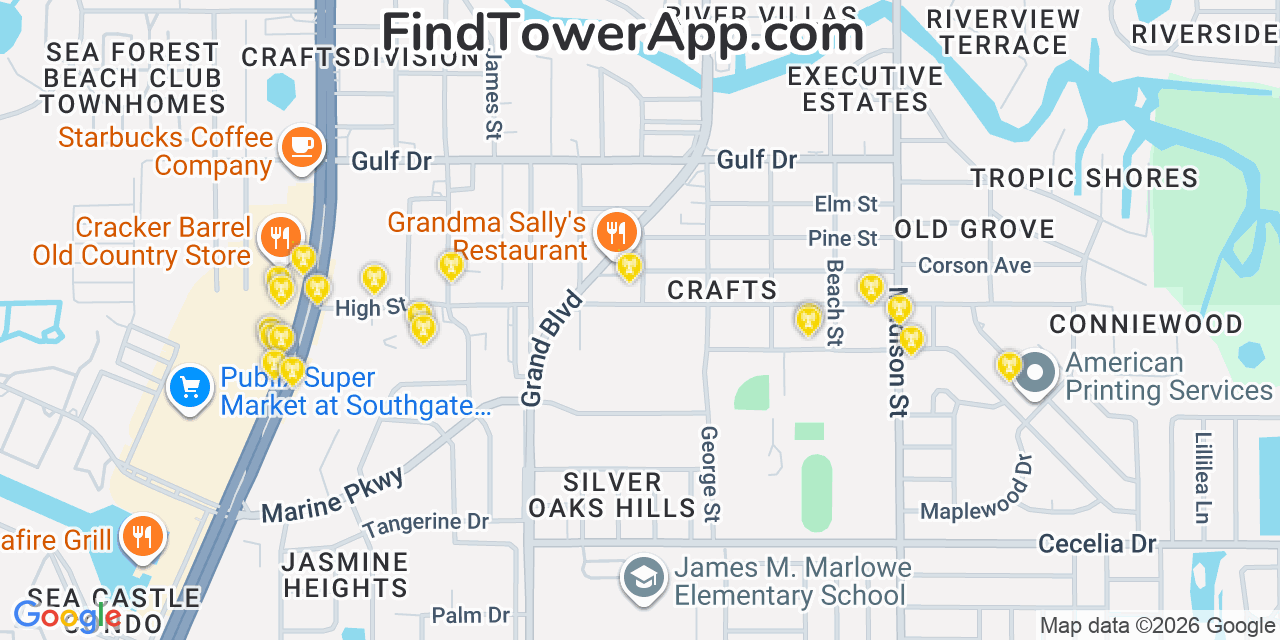 Map showing the 20 primary cell tower locations detected in New Port Richey, Florida from AT&T, Verizon, and T-Mobile networks