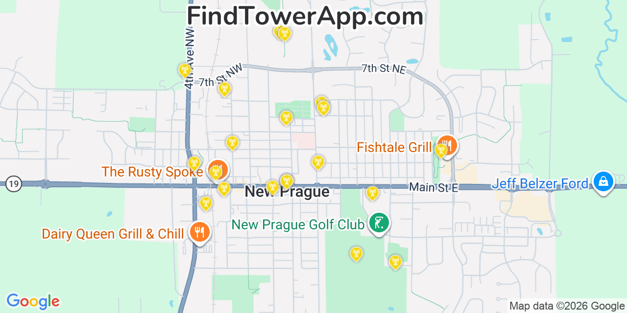 Map showing the 20 primary cell tower locations detected in New Prague, Minnesota from AT&T, Verizon, and T-Mobile networks