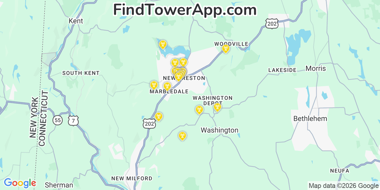 Map showing the 20 primary cell tower locations detected in New Preston, Connecticut from AT&T, Verizon, and T-Mobile networks