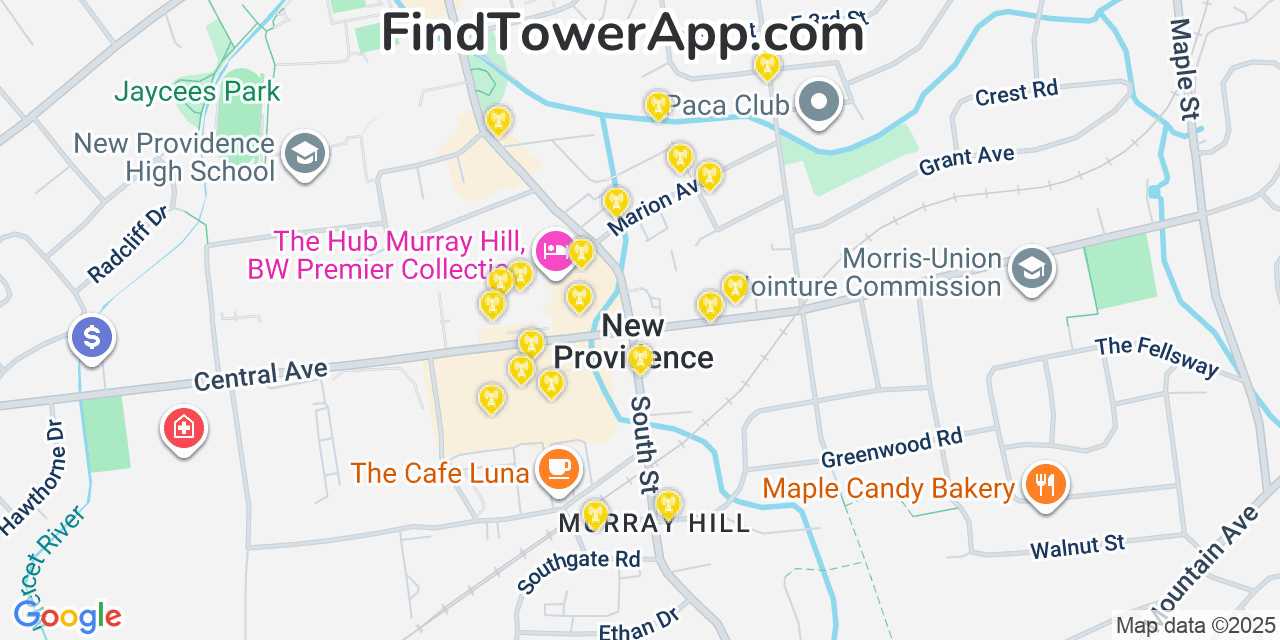 Map showing the 20 primary cell tower locations detected in New Providence, New Jersey from AT&T, Verizon, and T-Mobile networks