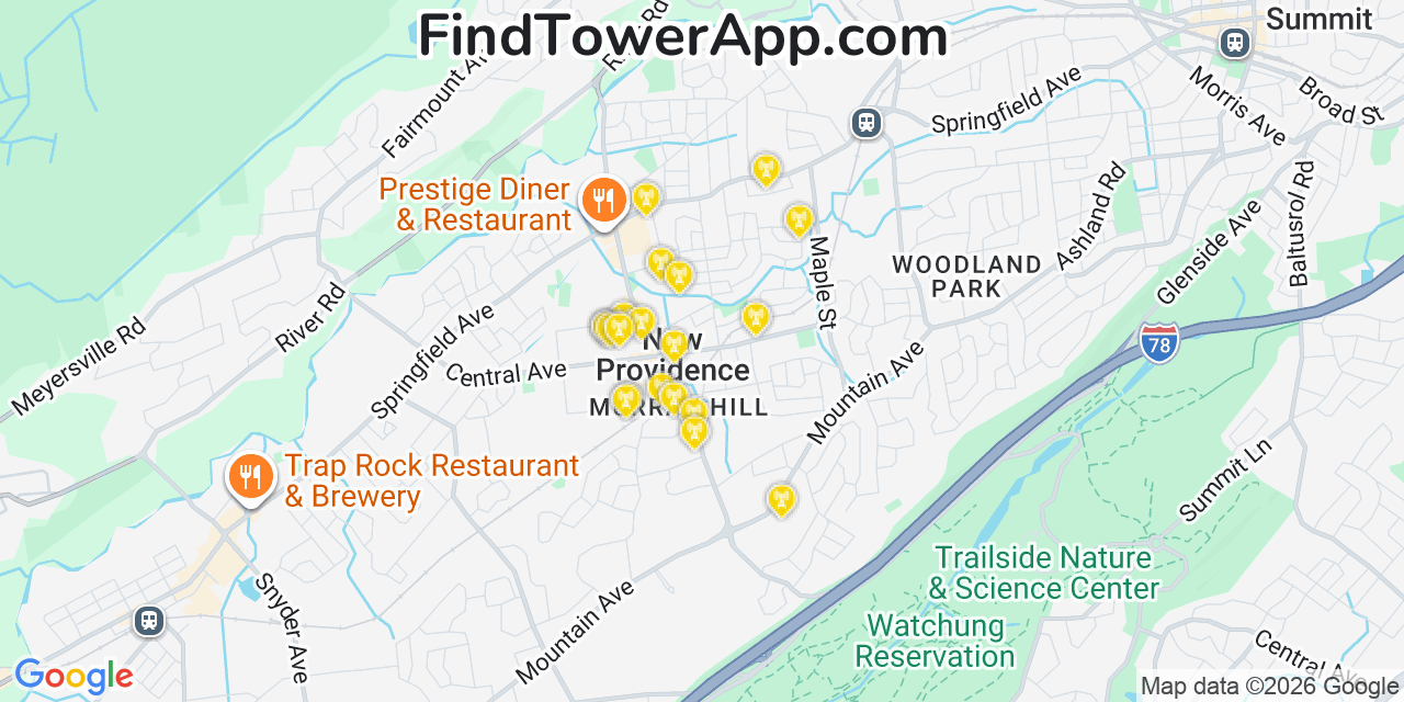 Map showing the 20 primary cell tower locations detected in New Providence, New Jersey from AT&T, Verizon, and T-Mobile networks