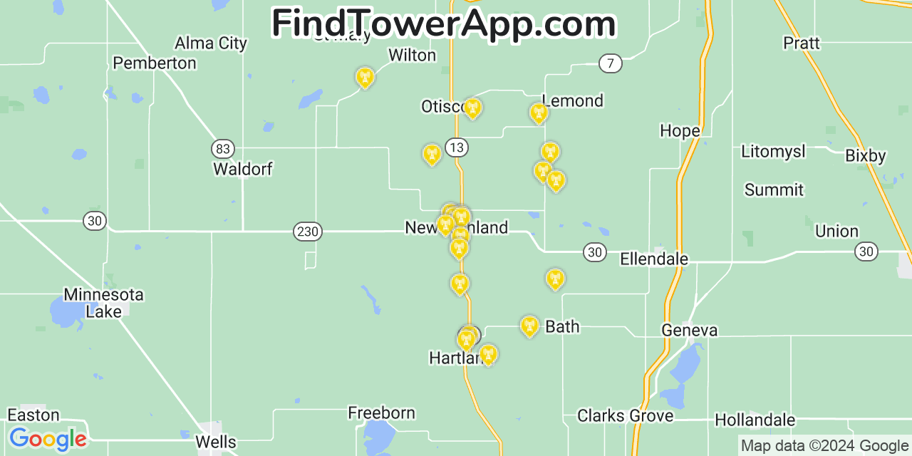 AT&T 4G/5G cell tower coverage map New Richland, Minnesota