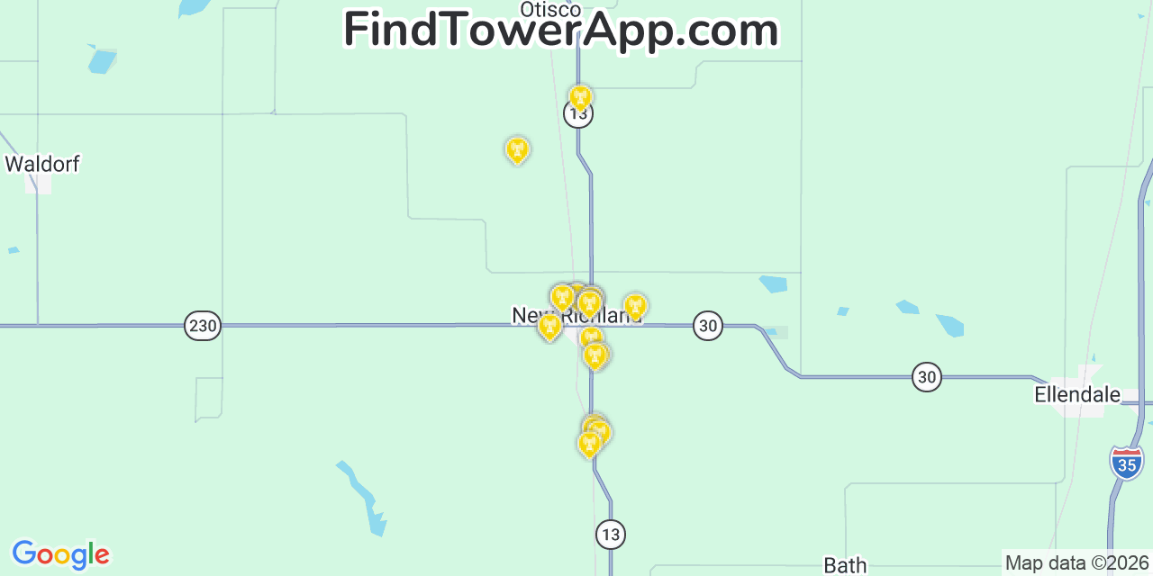 Map showing the 20 primary cell tower locations detected in New Richland, Minnesota from AT&T, Verizon, and T-Mobile networks