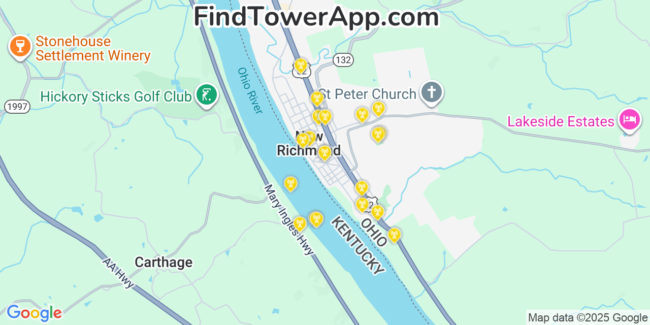 Map showing the 20 primary cell tower locations detected in New Richmond, Ohio from AT&T, Verizon, and T-Mobile networks
