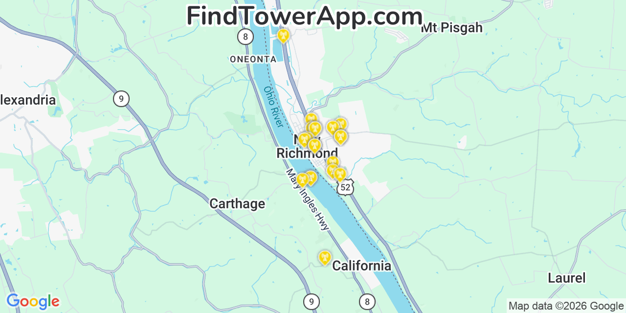 Map showing the 20 primary cell tower locations detected in New Richmond, Ohio from AT&T, Verizon, and T-Mobile networks