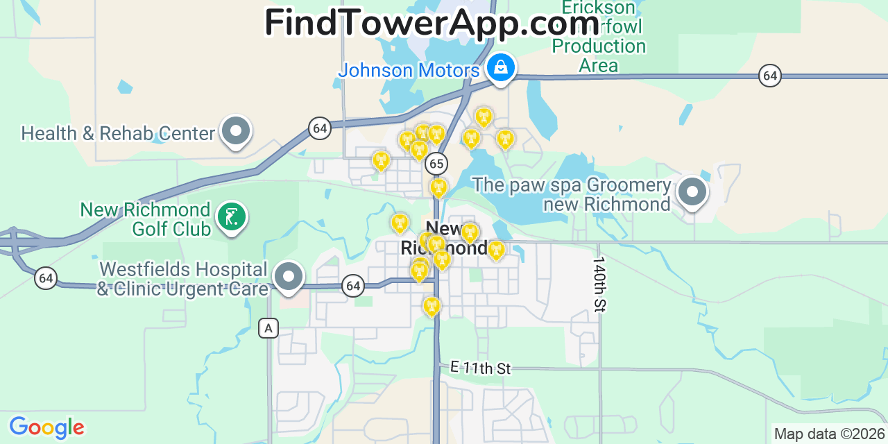 Map showing the 20 primary cell tower locations detected in New Richmond, Wisconsin from AT&T, Verizon, and T-Mobile networks