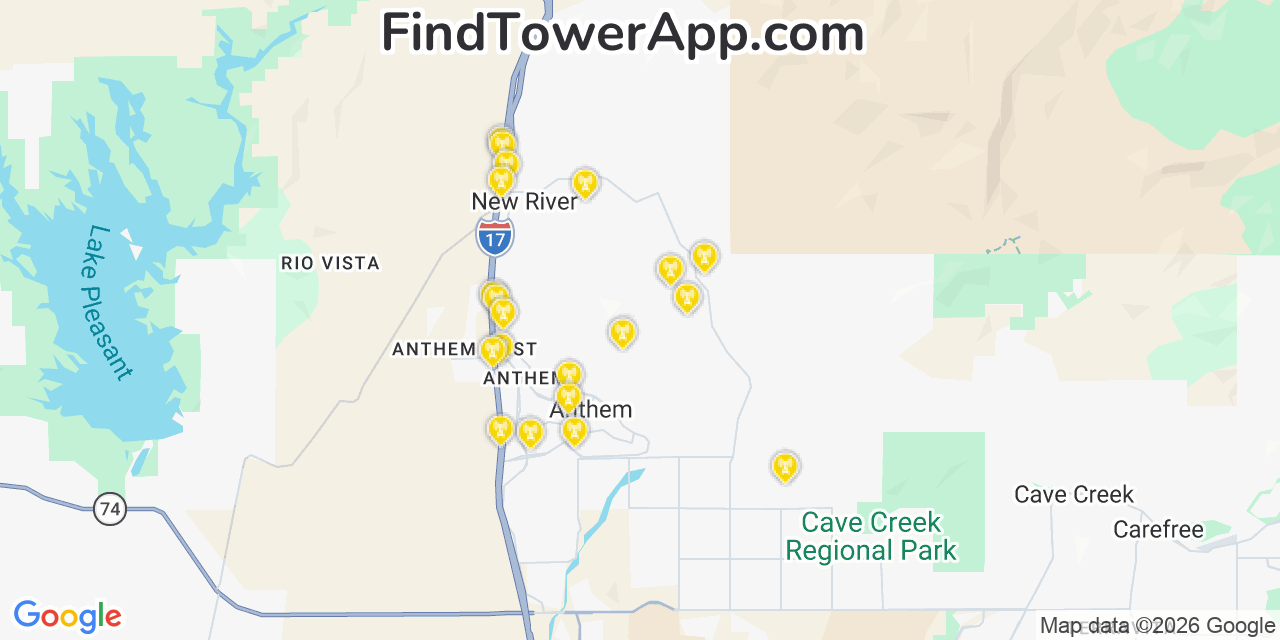 Map showing the 20 primary cell tower locations detected in New River, Arizona from AT&T, Verizon, and T-Mobile networks