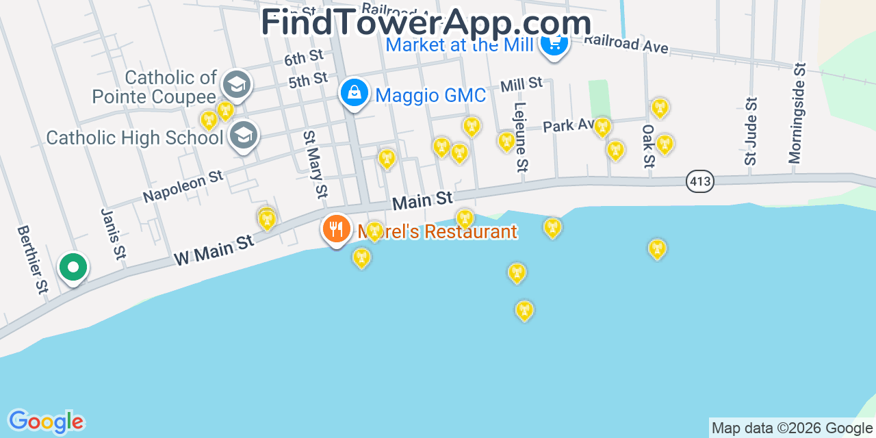 Map showing the 20 primary cell tower locations detected in New Roads, Louisiana from AT&T, Verizon, and T-Mobile networks
