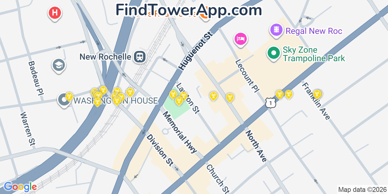Map showing the 20 primary cell tower locations detected in New Rochelle, New York from AT&T, Verizon, and T-Mobile networks