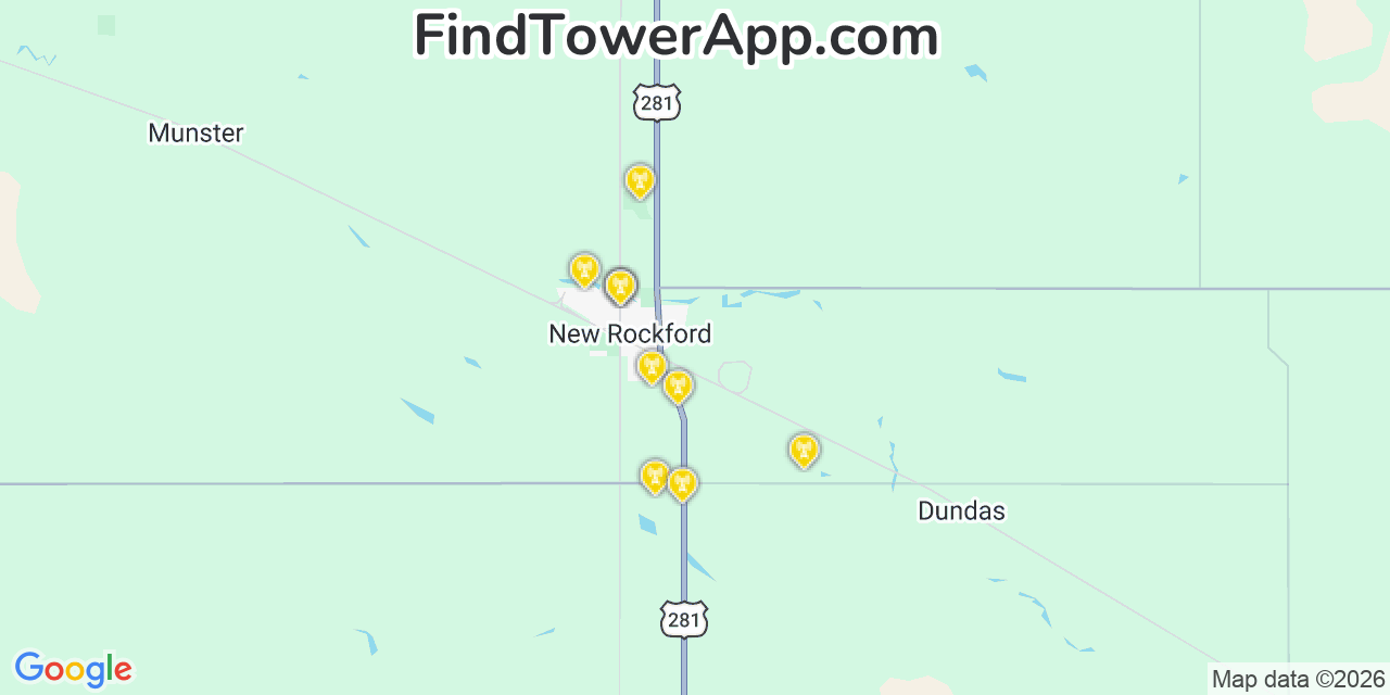 Map showing the 20 primary cell tower locations detected in New Rockford, North Dakota from AT&T, Verizon, and T-Mobile networks