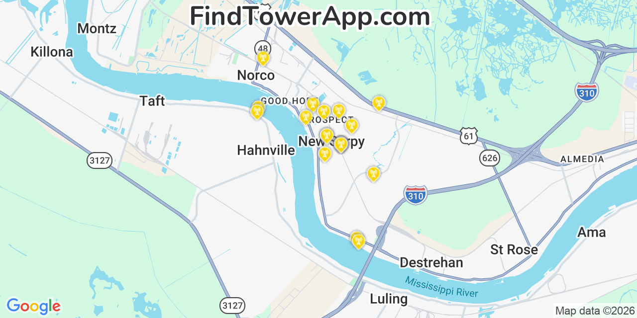 Map showing the 20 primary cell tower locations detected in New Sarpy, Louisiana from AT&T, Verizon, and T-Mobile networks