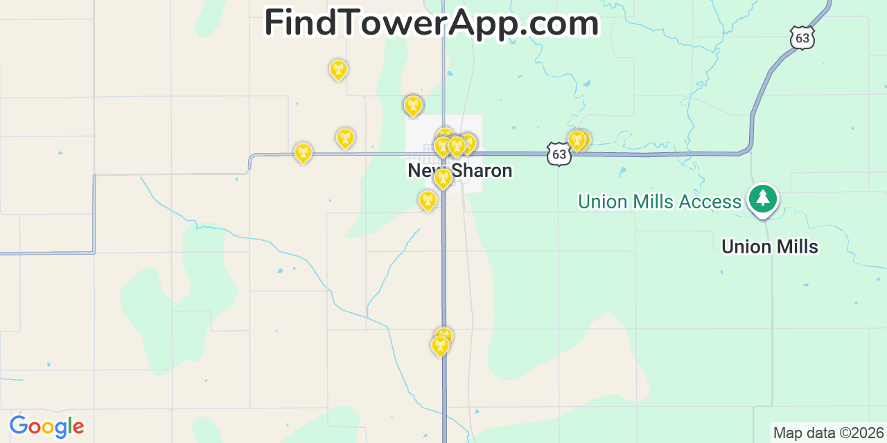 Map showing the 20 primary cell tower locations detected in New Sharon, Iowa from AT&T, Verizon, and T-Mobile networks