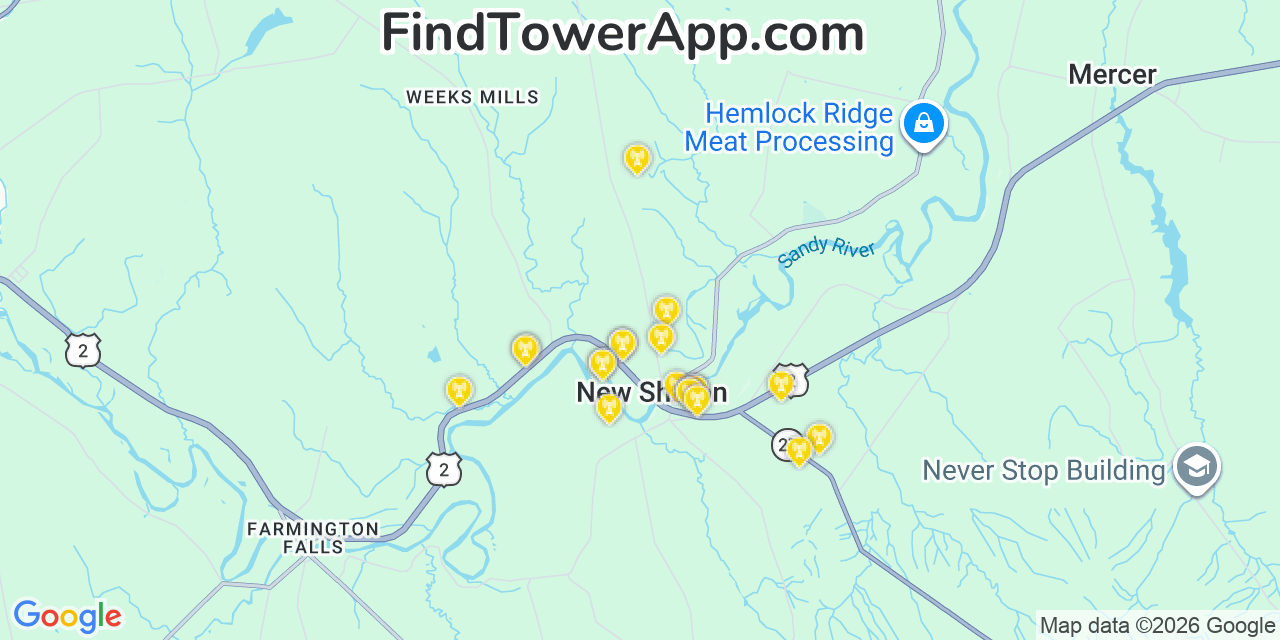 Map showing the 20 primary cell tower locations detected in New Sharon, Maine from AT&T, Verizon, and T-Mobile networks