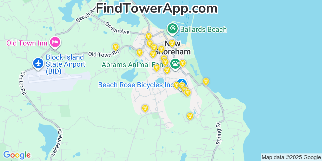 Map showing the 20 primary cell tower locations detected in New Shoreham, Rhode Island from AT&T, Verizon, and T-Mobile networks