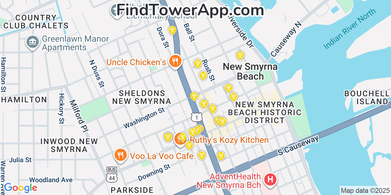 Map showing the 20 primary cell tower locations detected in New Smyrna Beach, Florida from AT&T, Verizon, and T-Mobile networks
