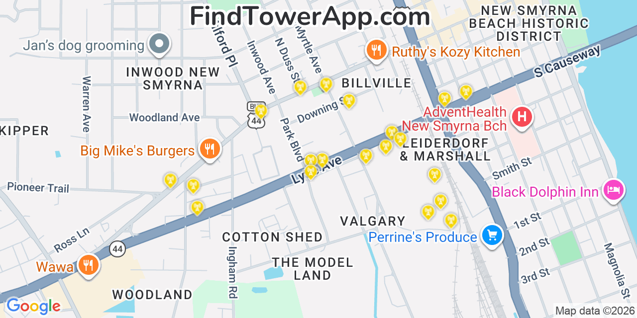 Map showing the 20 primary cell tower locations detected in New Smyrna Beach, Florida from AT&T, Verizon, and T-Mobile networks