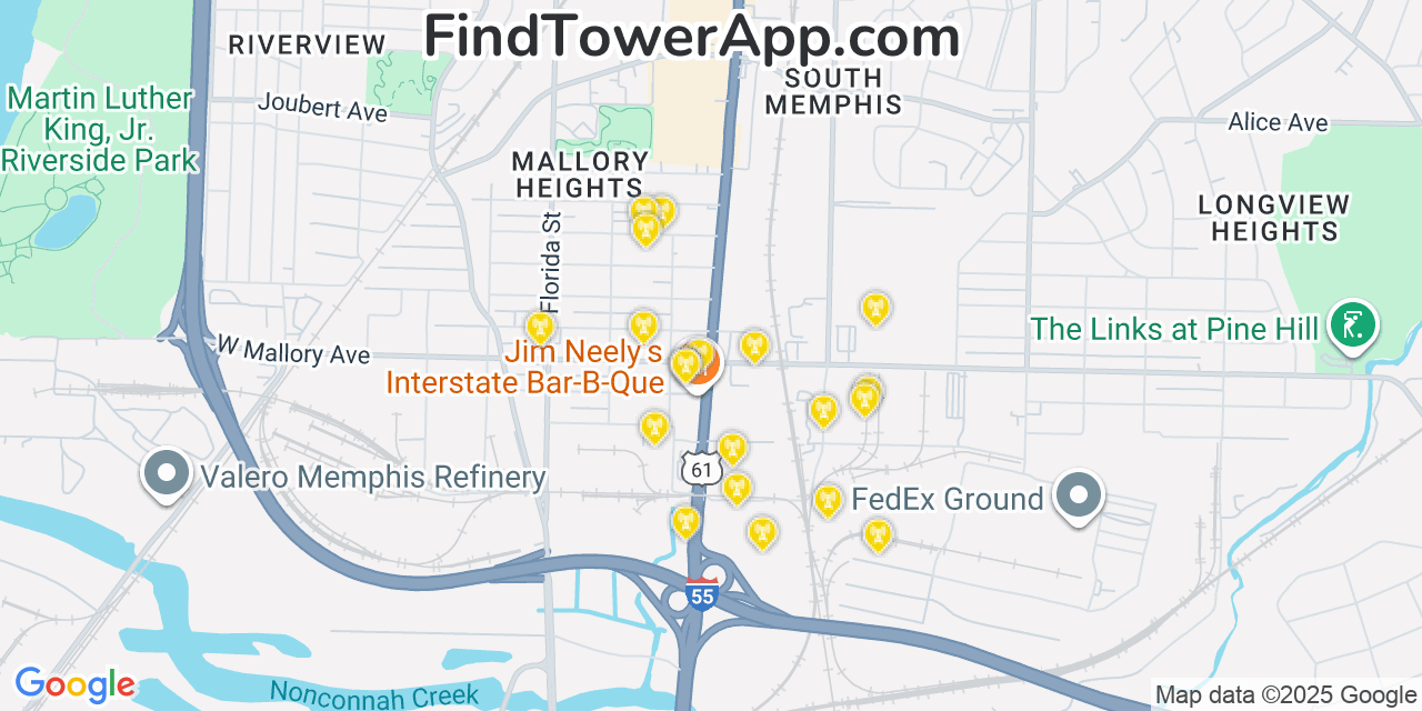 Map showing the 20 primary cell tower locations detected in New South Memphis, Tennessee from AT&T, Verizon, and T-Mobile networks