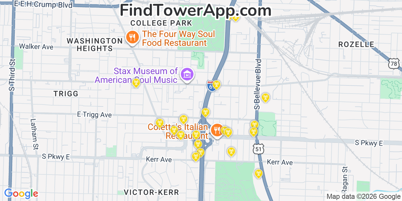 Map showing the 20 primary cell tower locations detected in New South Memphis, Tennessee from AT&T, Verizon, and T-Mobile networks