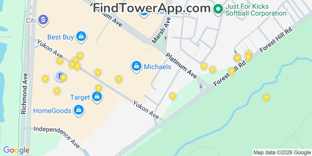 Map showing the 20 primary cell tower locations detected in New Springville, New York from AT&T, Verizon, and T-Mobile networks