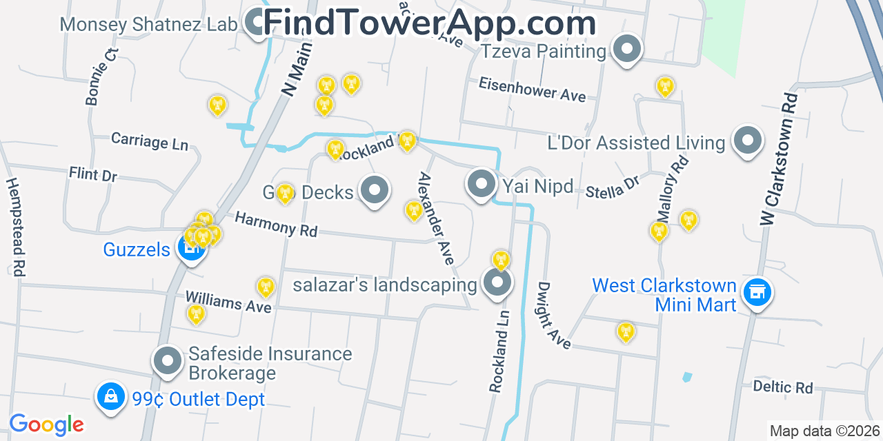 Map showing the 20 primary cell tower locations detected in New Square, New York from AT&T, Verizon, and T-Mobile networks