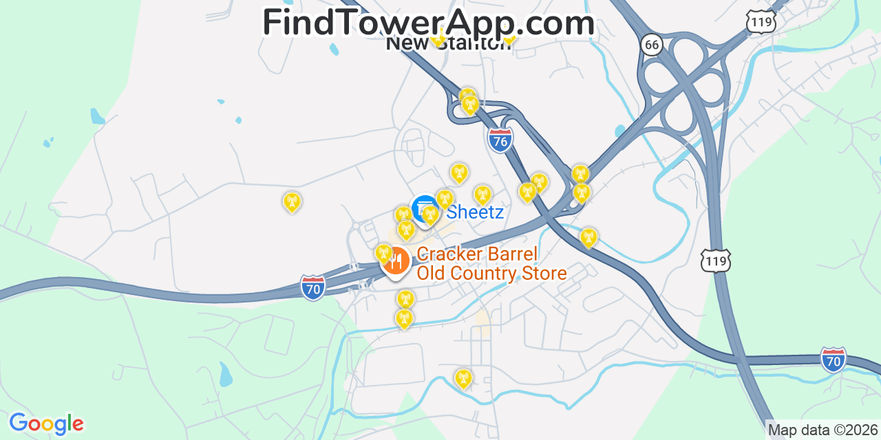 Map showing the 20 primary cell tower locations detected in New Stanton, Pennsylvania from AT&T, Verizon, and T-Mobile networks