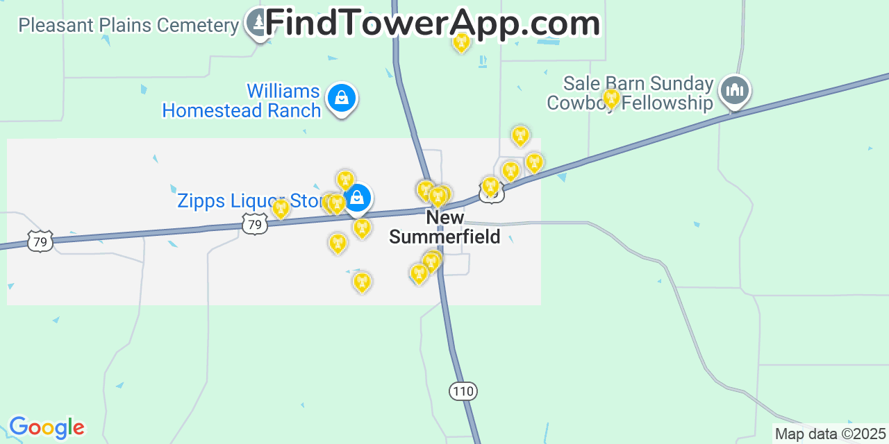Map showing the 20 primary cell tower locations detected in New Summerfield, Texas from AT&T, Verizon, and T-Mobile networks