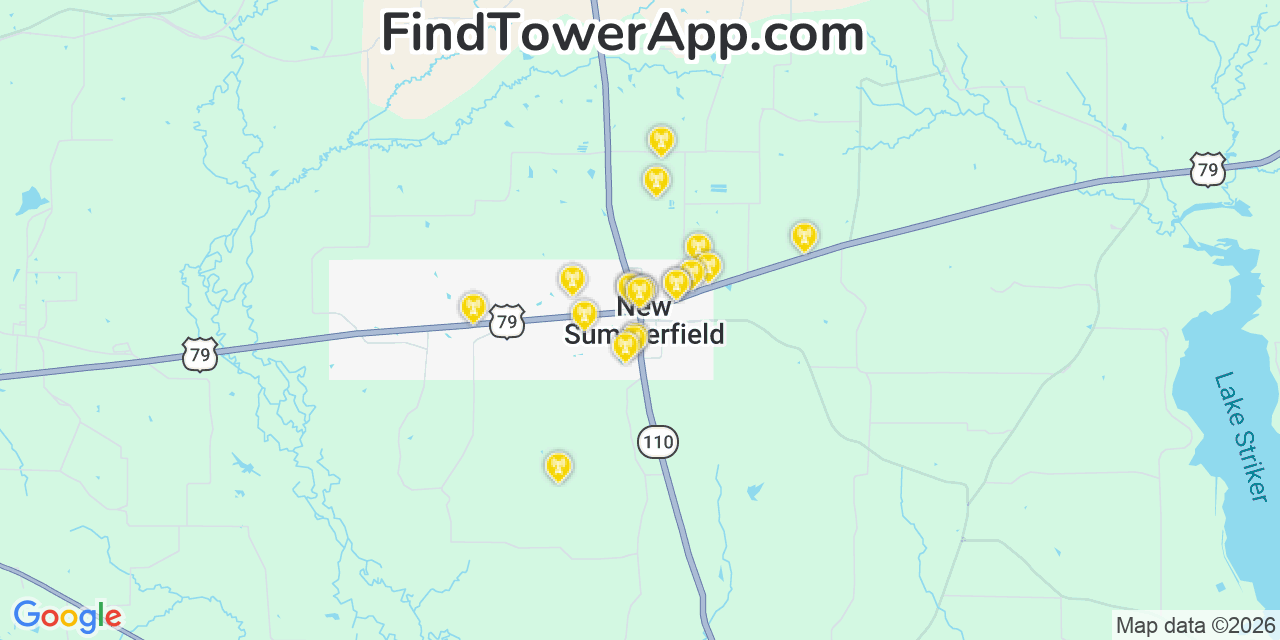 Map showing the 20 primary cell tower locations detected in New Summerfield, Texas from AT&T, Verizon, and T-Mobile networks