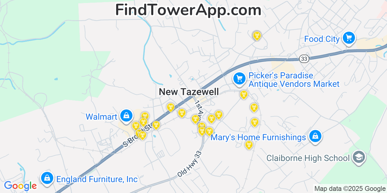 Map showing the 20 primary cell tower locations detected in New Tazewell, Tennessee from AT&T, Verizon, and T-Mobile networks