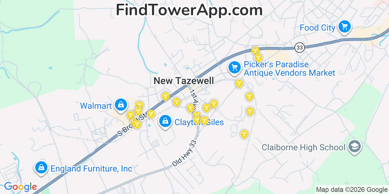 Map showing the 20 primary cell tower locations detected in New Tazewell, Tennessee from AT&T, Verizon, and T-Mobile networks