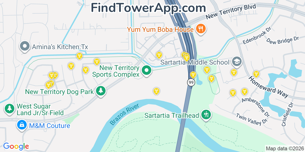 Map showing the 20 primary cell tower locations detected in New Territory, Texas from AT&T, Verizon, and T-Mobile networks