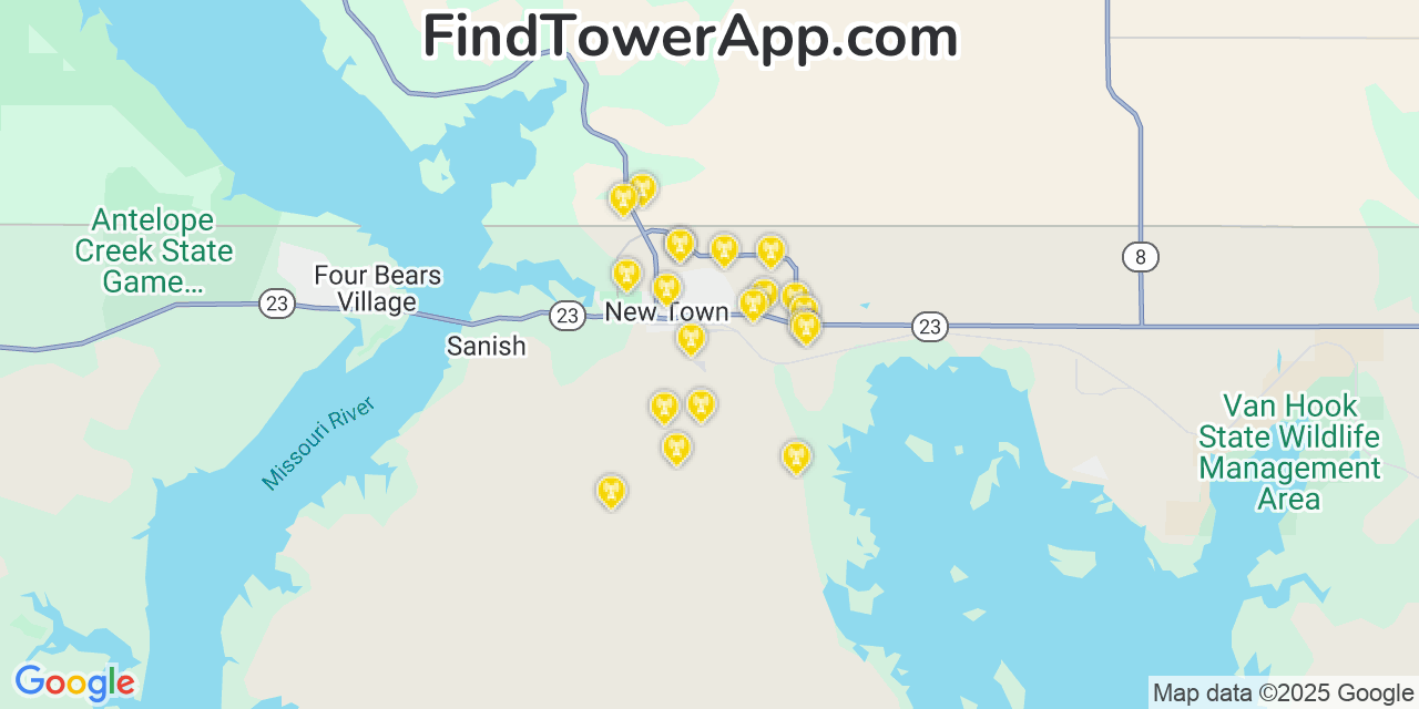 Map showing the 20 primary cell tower locations detected in New Town, North Dakota from AT&T, Verizon, and T-Mobile networks
