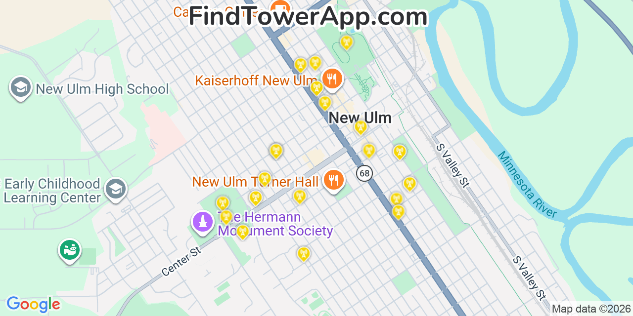 Map showing the 20 primary cell tower locations detected in New Ulm, Minnesota from AT&T, Verizon, and T-Mobile networks
