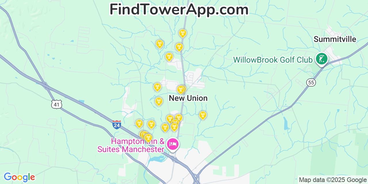 Map showing the 20 primary cell tower locations detected in New Union, Tennessee from AT&T, Verizon, and T-Mobile networks