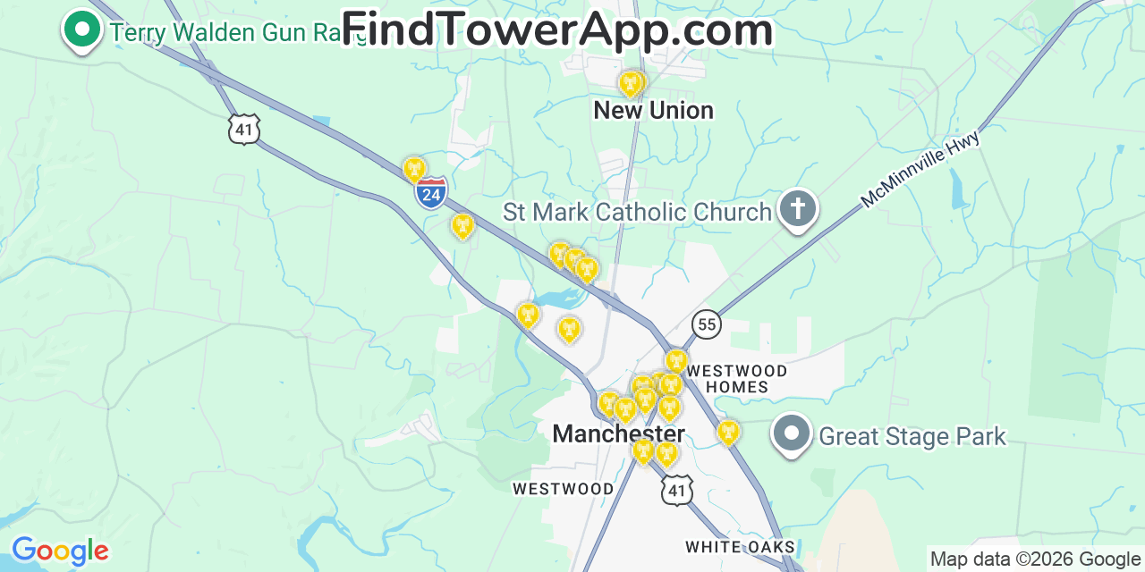 Map showing the 20 primary cell tower locations detected in New Union, Tennessee from AT&T, Verizon, and T-Mobile networks