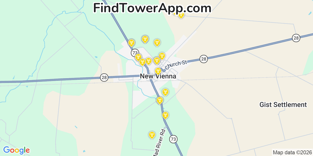 Map showing the 20 primary cell tower locations detected in New Vienna, Ohio from AT&T, Verizon, and T-Mobile networks