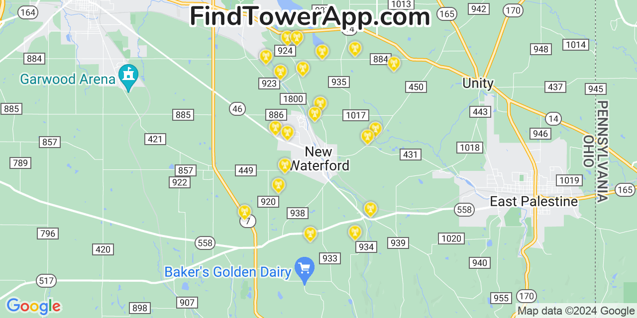 AT&T 4G/5G cell tower coverage map New Waterford, Ohio