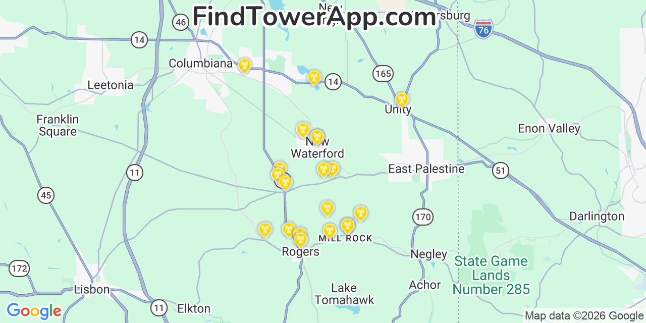 Map showing the 20 primary cell tower locations detected in New Waterford, Ohio from AT&T, Verizon, and T-Mobile networks
