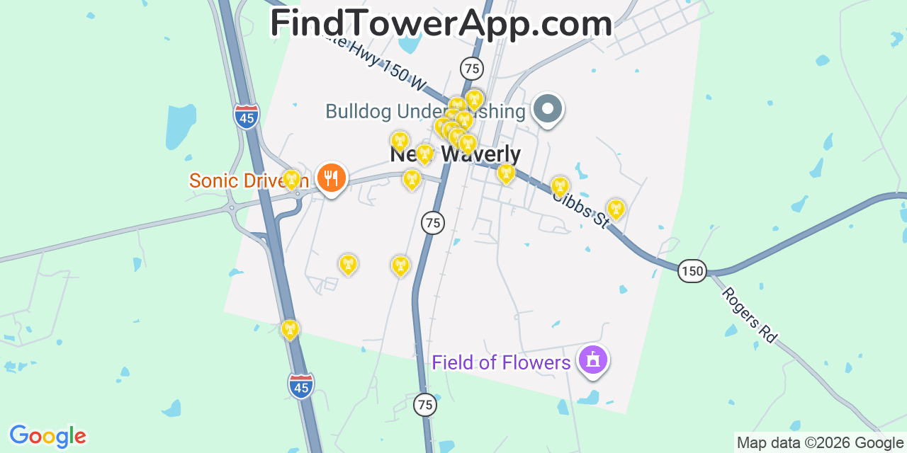 Map showing the 20 primary cell tower locations detected in New Waverly, Texas from AT&T, Verizon, and T-Mobile networks