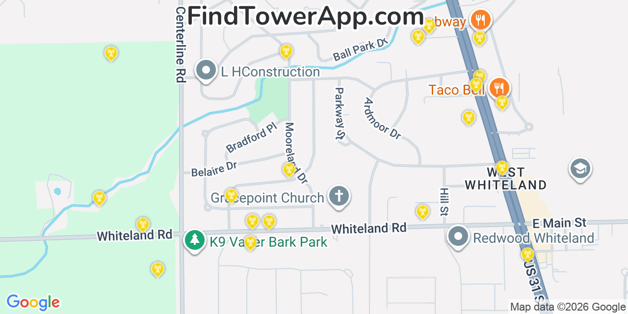 Map showing the 20 primary cell tower locations detected in New Whiteland, Indiana from AT&T, Verizon, and T-Mobile networks